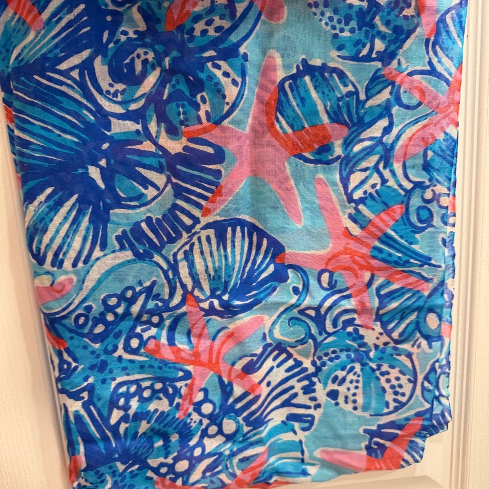 Lilly Pulitzer She Shell Murfee Scarf Silk Cashmere Tassel Blue Starfish Fringe - Picture 7 of 8